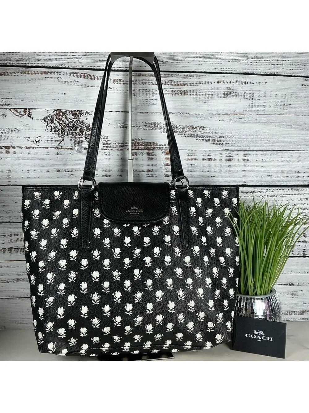 Coach 35025 Shoulder Bag Badlands Black White Floral Ward Tote Work Purse Laptop